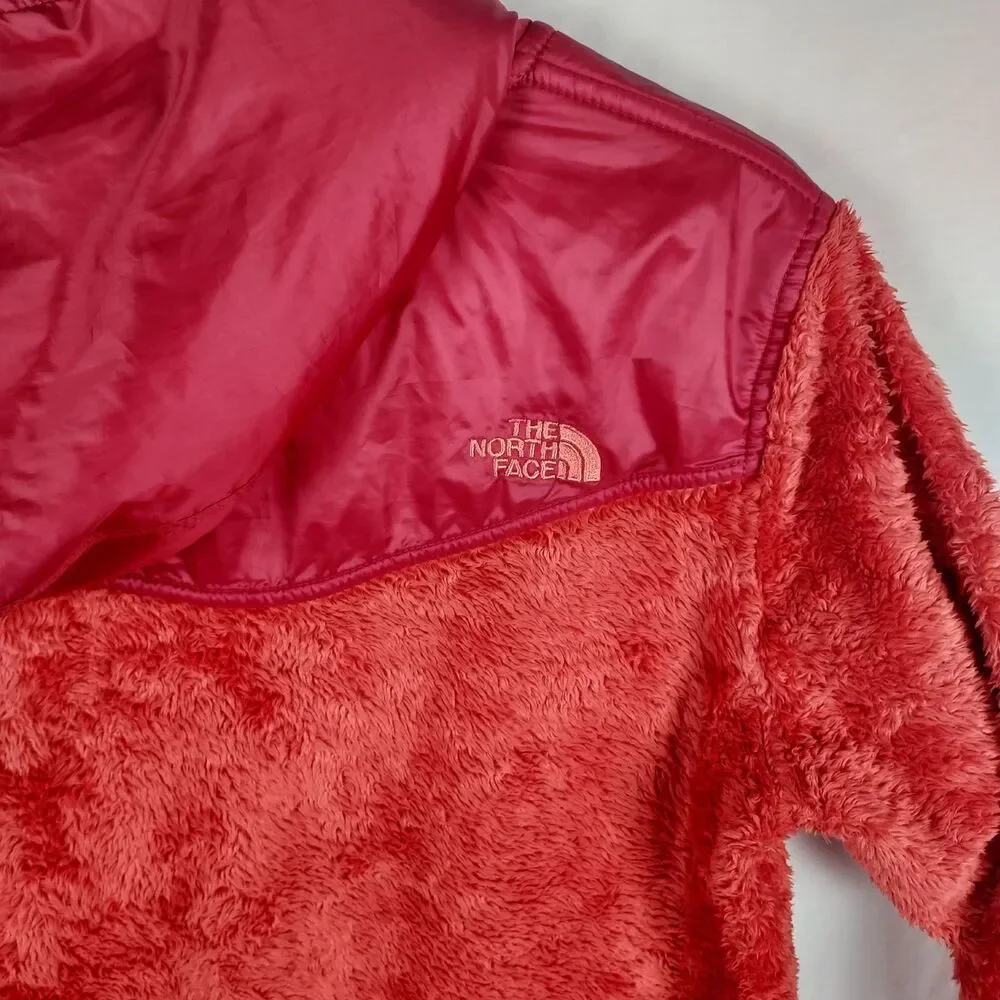 The North Face Women M Red Fuzzy Teddy Fleece Hooded Jacket Soft Zip‑Up Coat